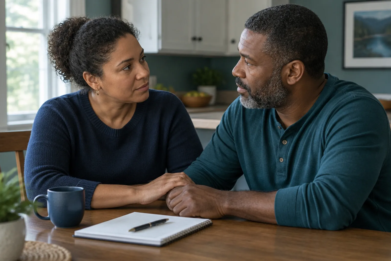 A couple sitting at a kitchen table having a calm, serious conversation with a notebook between them
