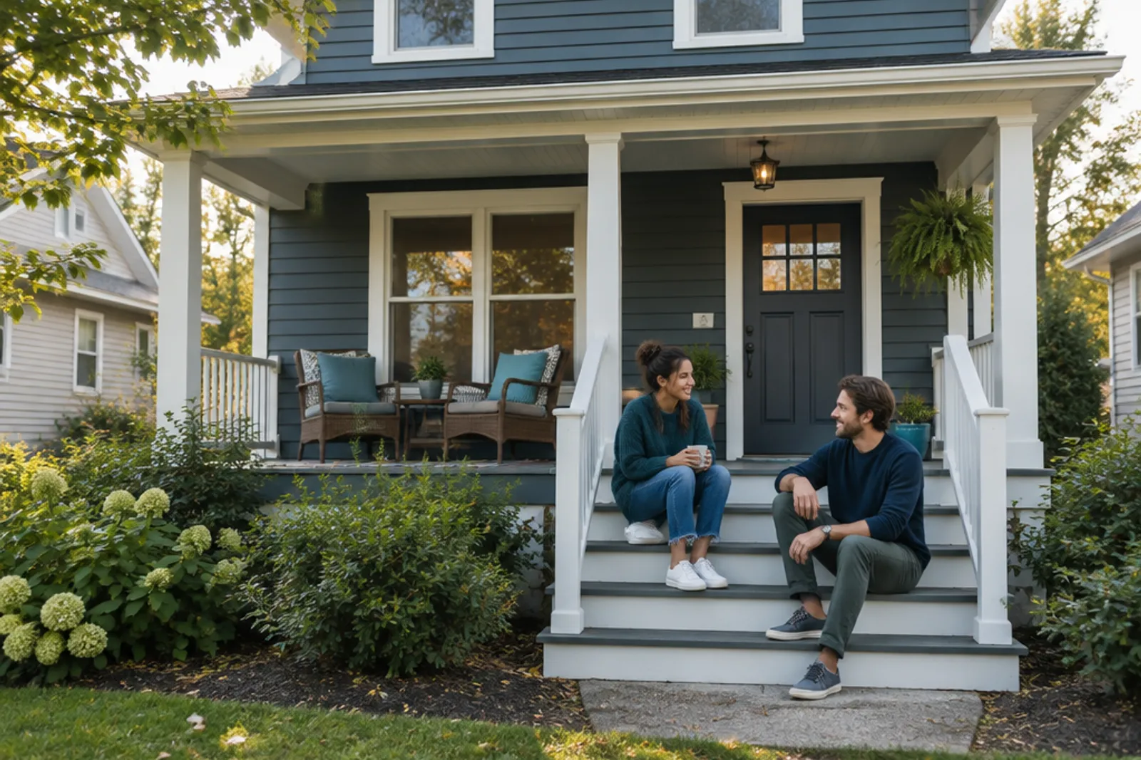 Two housemates chatting on the front steps of a well-kept two-story house in late afternoon light
