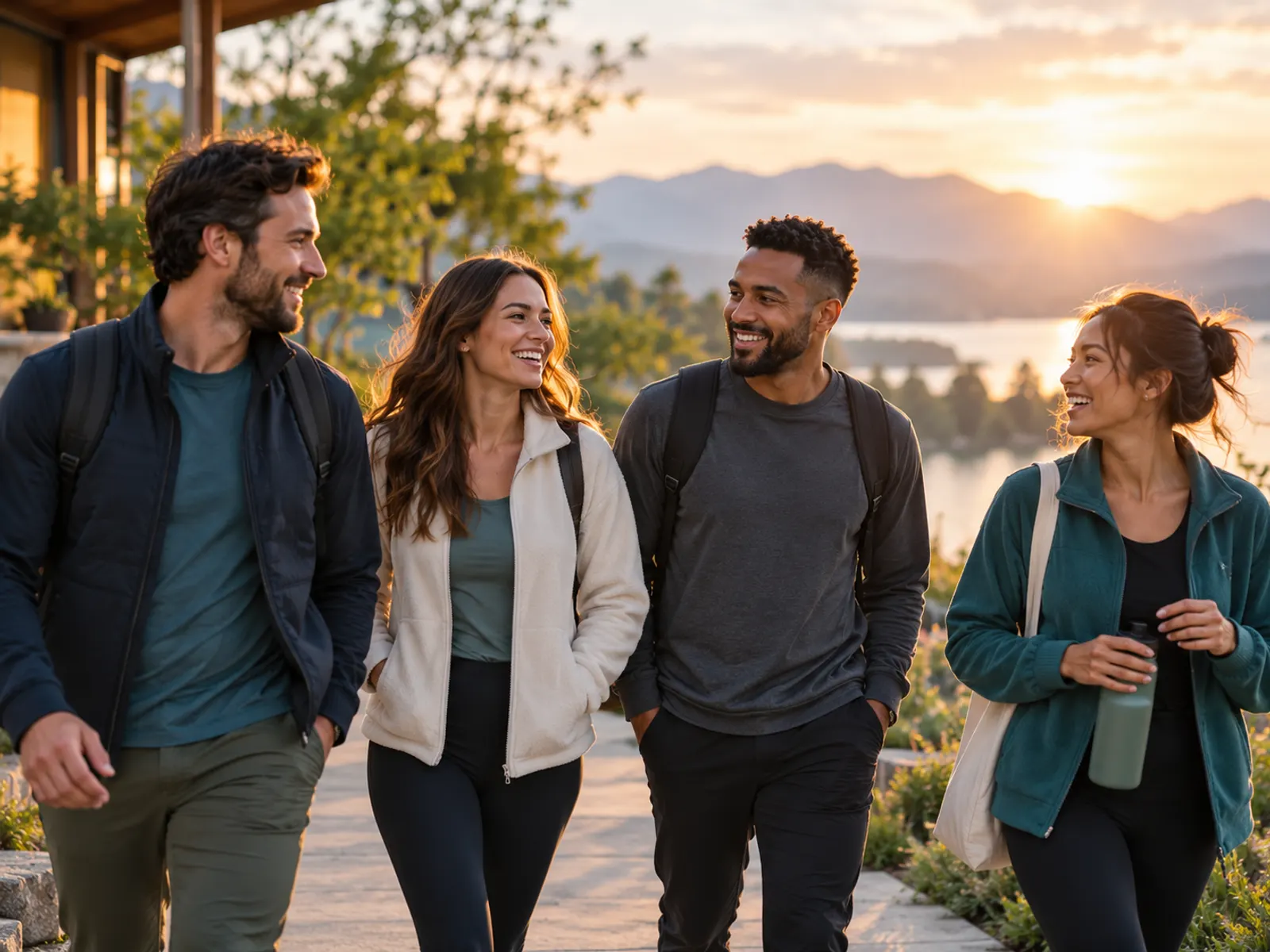 Four friends walking together outdoors at golden hour, laughing