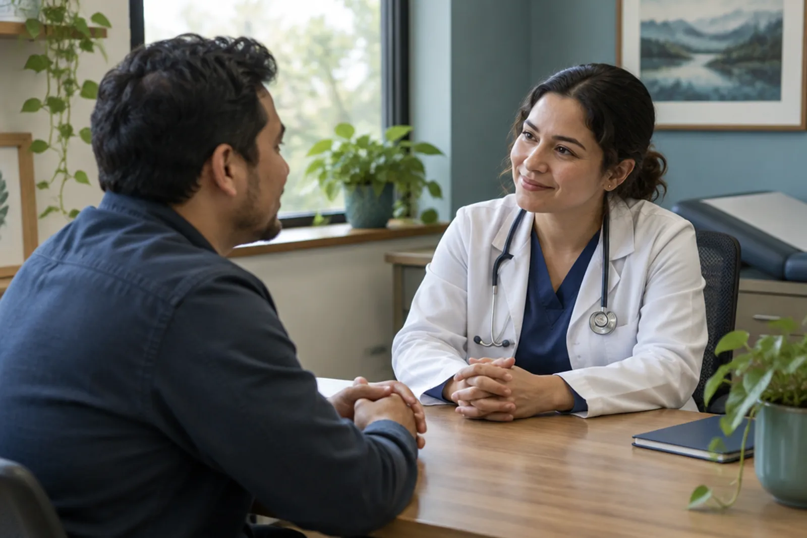 A man talking with a friendly physician across a desk in a calm, sunlit clinic room